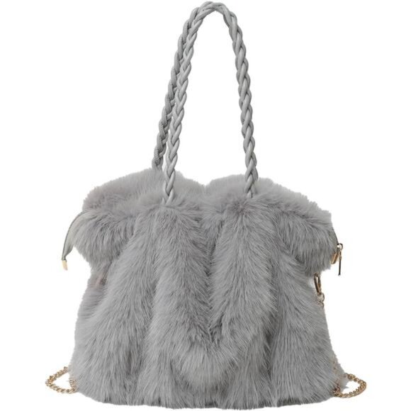 Furry Purse Winter Fluffy Bags Light Grey - Picture 1 of 4